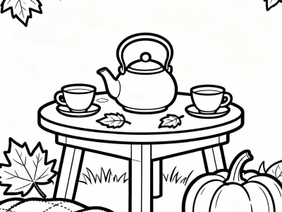 Amazing Happy Cozy Fall Tea Party Coloring Page