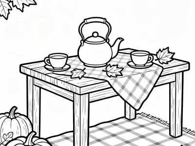 Beautiful Cozy Fall Tea Party Coloring Page
