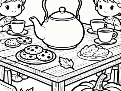 Delightful Happy Cozy Fall Tea Party Coloring Page