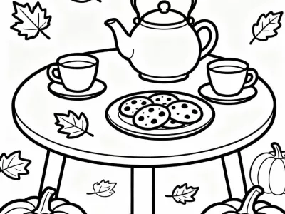 Fun Cozy Fall Tea Party Coloring Page