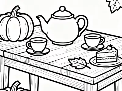Gorgeous Magical Cozy Fall Tea Party Coloring Page