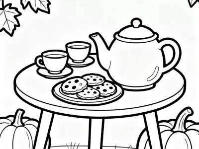 Joyful Magical Cozy Fall Tea Party Coloring Page