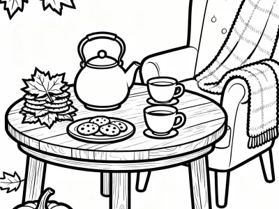Lovely Cozy Fall Tea Party Coloring Page