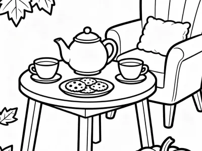 Magical Cozy Fall Tea Party Coloring Page
