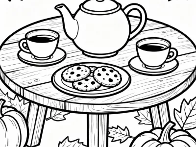 Happy Cozy Fall Tea Party Coloring Page