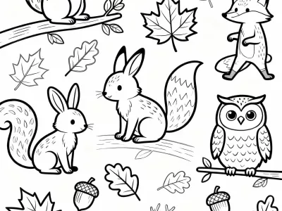 Gorgeous Autumn Woodland Creatures With Decorations Coloring Page