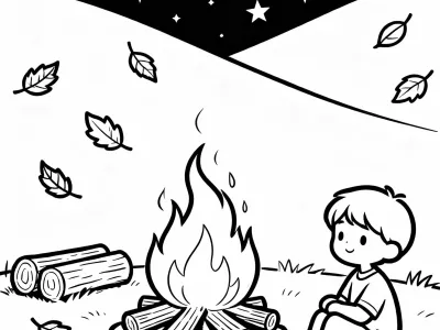 Delightful Cartoon Cozy Autumn Bonfire Nights Coloring Page