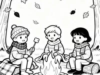 Joyful Cozy Autumn Bonfire Nights In Nature Coloring Page