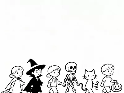 Delightful Cartoon Halloween Costume Parade Coloring Page