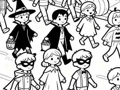 Joyful Cartoon Halloween Costume Parade Coloring Page