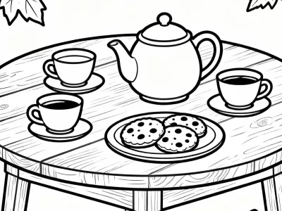 Amazing Cozy Autumn Tea Party In Nature Coloring Page