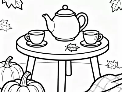 Beautiful Cozy Autumn Tea Party Coloring Page
