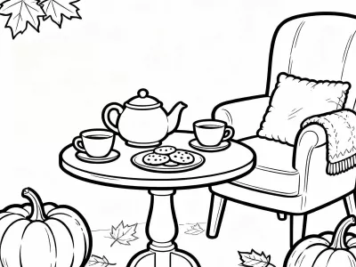 Creative Cozy Autumn Tea Party Coloring Page
