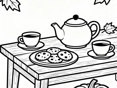 Fun Cozy Autumn Tea Party Coloring Page