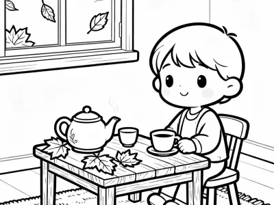 Happy Cozy Autumn Tea Party Coloring Page
