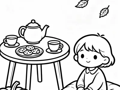 Gorgeous Cozy Autumn Tea Party In Nature Coloring Page