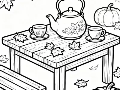 Incredible Cozy Autumn Tea Party Coloring Page