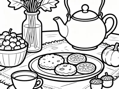 Joyful Cute Cozy Autumn Tea Party Coloring Page