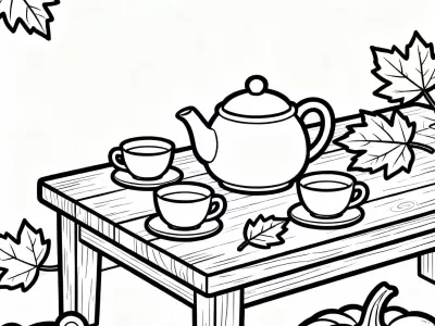 Lovely Cozy Autumn Tea Party Coloring Page