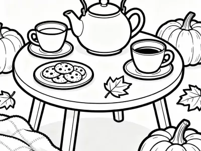 Nice Happy Cozy Autumn Tea Party Coloring Page