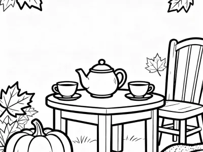 Magical Cozy Autumn Tea Party Coloring Page