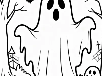 Joyful Happy Spooky Ghost Scenes Coloring Page