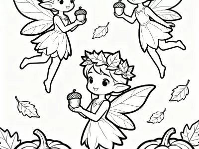 Delightful Happy Magical Autumn Fairies Coloring Page