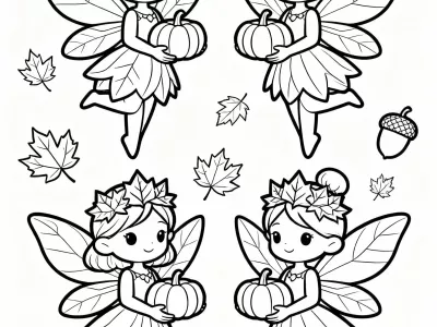 Gorgeous Funny Magical Autumn Fairies Coloring Page