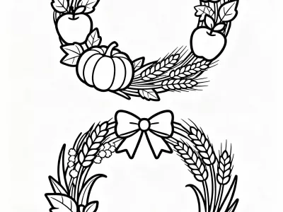 Amazing Cute Festive Harvest Wreaths Coloring Page