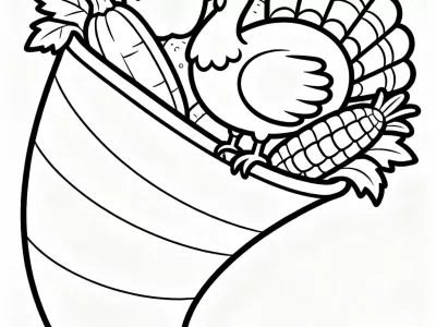 Joyful Cute Thanksgiving Cornucopia Delights Coloring Page
