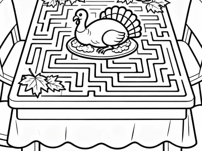 Joyful Happy Thanksgiving Table Maze Coloring Page