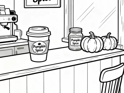Happy Pumpkin Spice Cafe Scenes Coloring Page